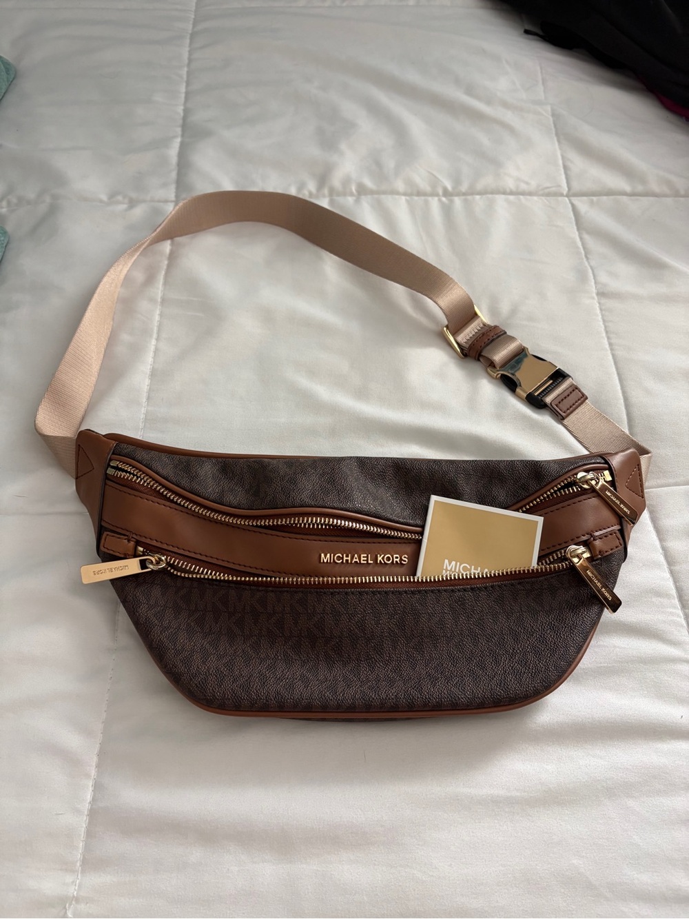 NWT Michael Kors Brown and Tan MK Logo Belt Bag